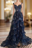 A-Line Tulle Sequin Black Long Prom Dresses, Black Sequin Long Formal Dresses