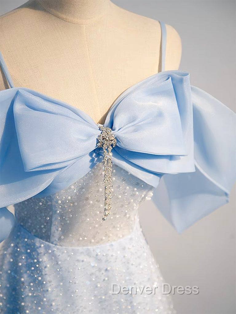 A-Line Tulle Sequin Blue Long Prom Dresses, Blue Long Formal Dresses Secondary image