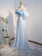 A Line Tulle Sequin Blue Long Prom Dress, Blue Long Prom Dresses