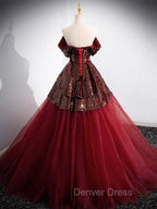 A-Line Tulle Sequin Burgundy Long Prom Dresses, Off Shoulder Burgundy Formal Dresses