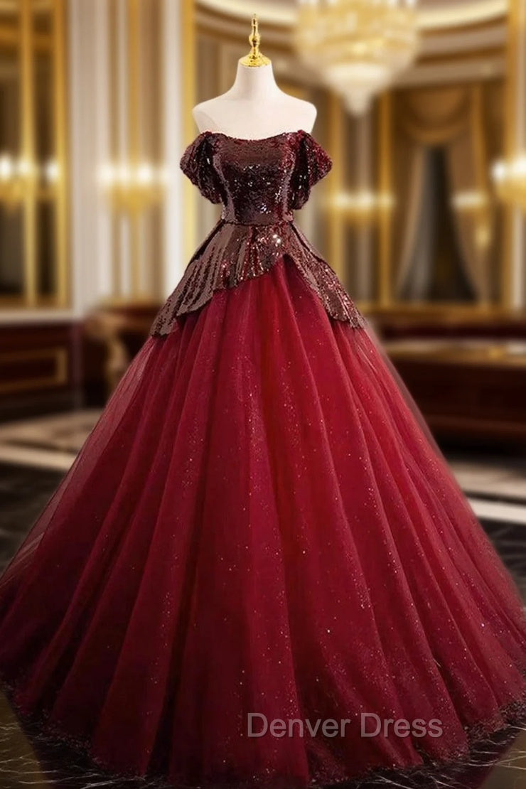 A-Line Tulle Sequin Burgundy Long Prom Dresses, Off Shoulder Burgundy Formal Dresses Main image