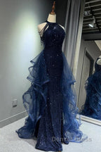 A-Line Tulle Sequin Dark Blue Long Prom Dresses, Dark Blue Long Formal Dresses