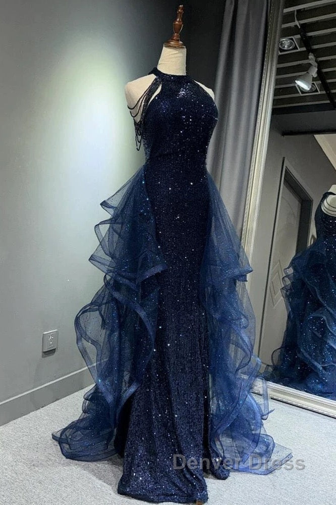 A-Line Tulle Sequin Dark Blue Long Prom Dresses, Dark Blue Long Formal Dresses