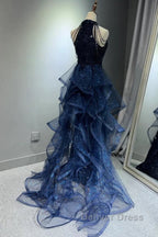 A-Line Tulle Sequin Dark Blue Long Prom Dresses, Dark Blue Long Formal Dresses
