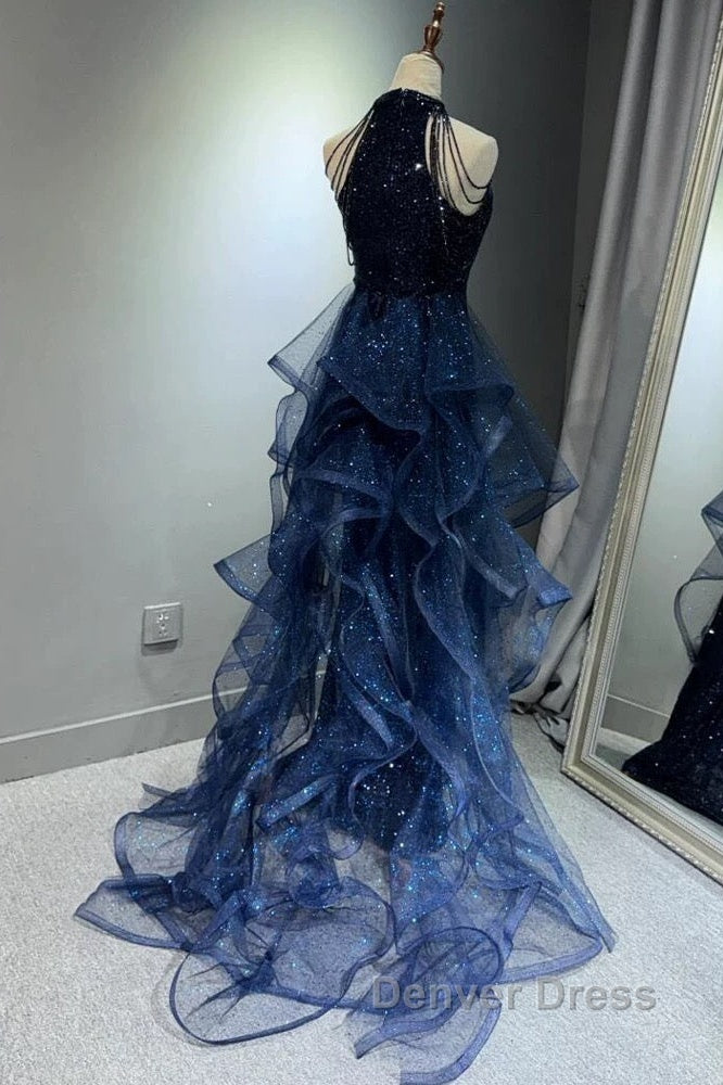 A-Line Tulle Sequin Dark Blue Long Prom Dresses, Dark Blue Long Formal Dresses