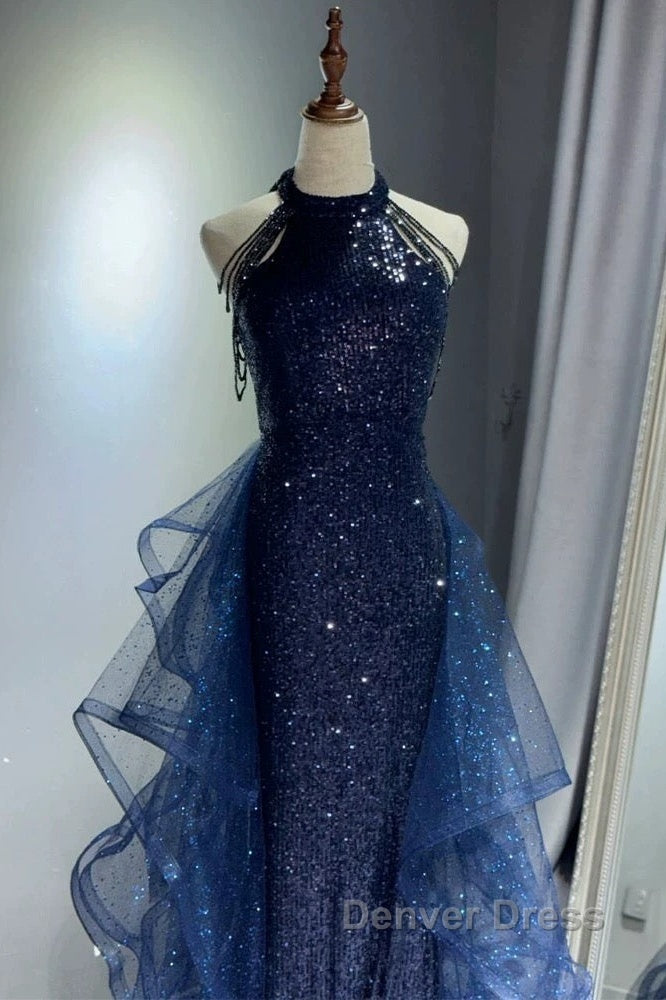 A-Line Tulle Sequin Dark Blue Long Prom Dresses, Dark Blue Long Formal Dresses
