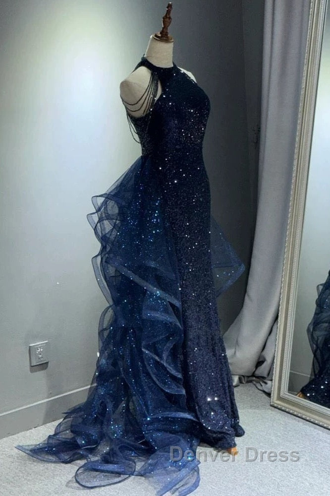 A-Line Tulle Sequin Dark Blue Long Prom Dresses, Dark Blue Long Formal Dresses