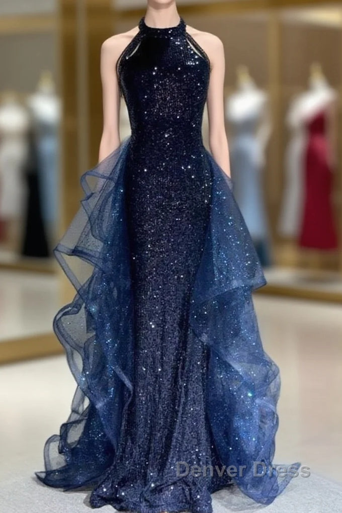 A-Line Tulle Sequin Dark Blue Long Prom Dresses, Dark Blue Long Formal Dresses