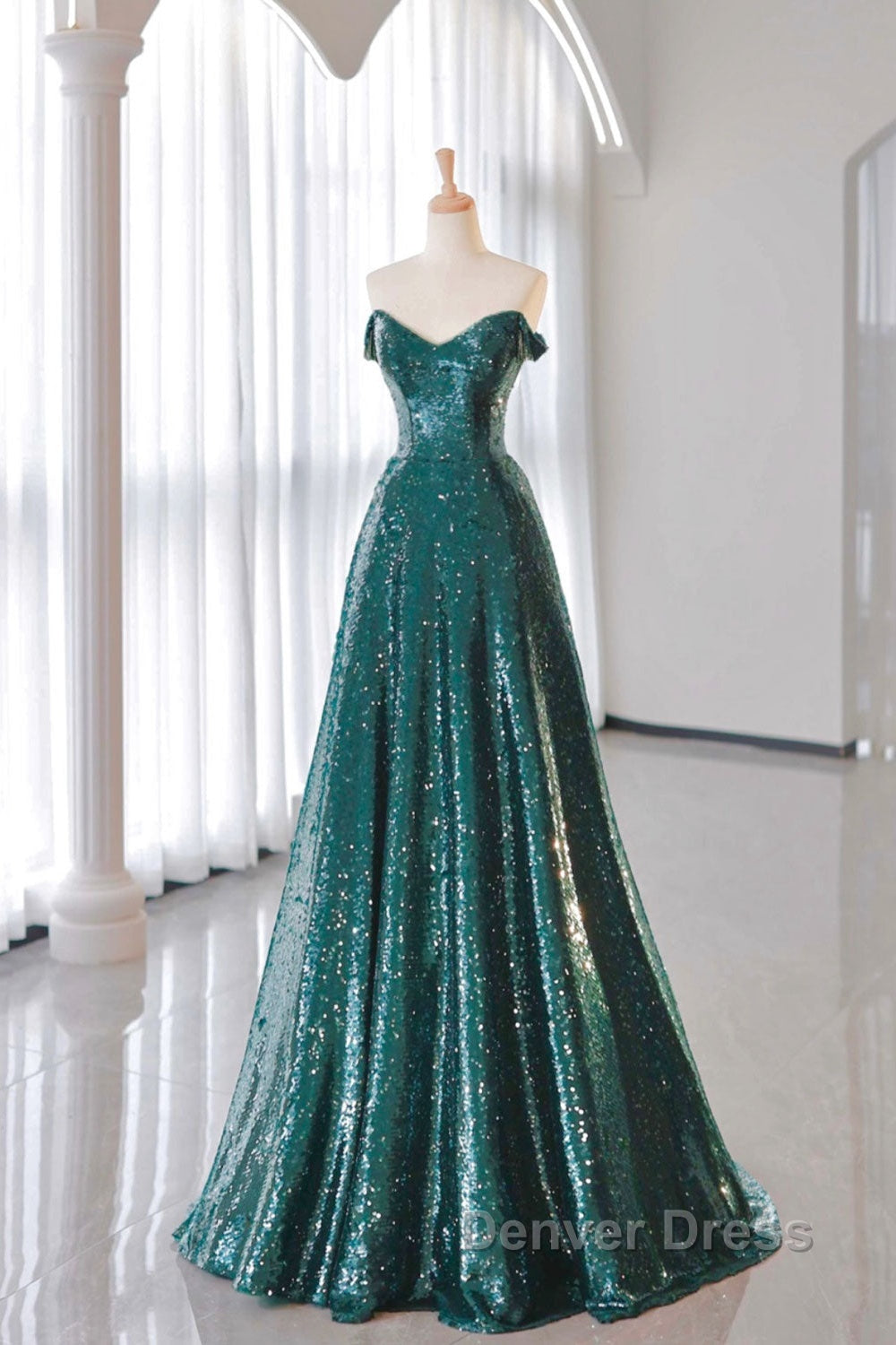 A-Line Tulle Sequin Green Long Prom Dresses, Green Formal Evening  Dresses