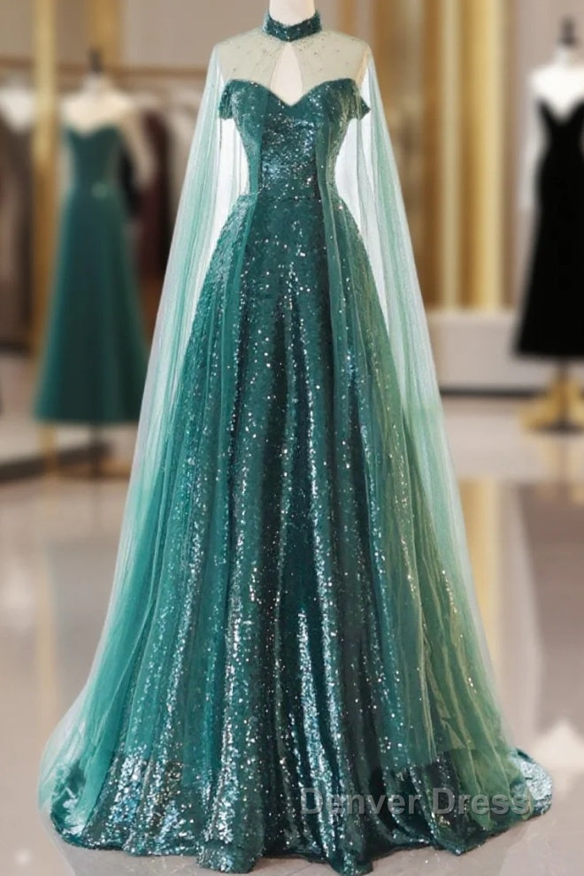 A-Line Tulle Sequin Green Long Prom Dresses, Green Formal Evening  Dresses