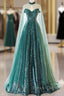 A-Line Tulle Sequin Green Long Prom Dresses, Green Formal Evening  Dresses
