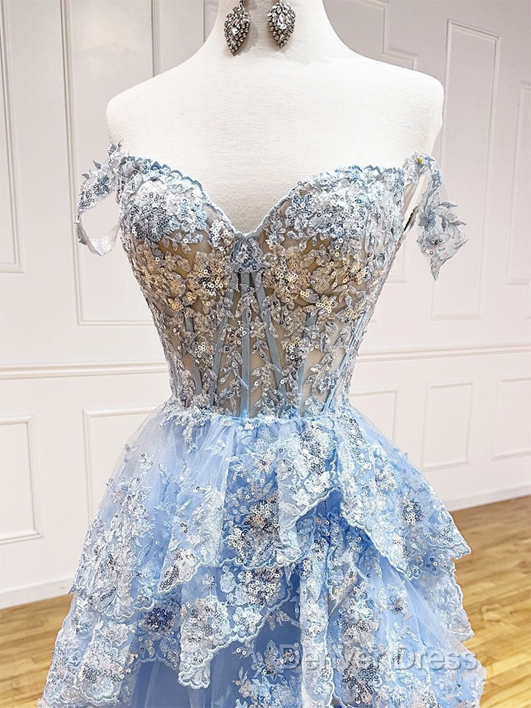 A-Line Tulle Sequin Lace Blue Long Prom Dresses, Blue Long Formal Dresses Secondary image