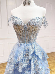 A-Line Tulle Sequin Lace Blue Long Prom Dress, Blue Long Formal Dress