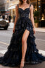 A-Line Tulle Sequin Navy Blue Long Prom Dresses, Navy Blue Sequin Long Formal Dresses