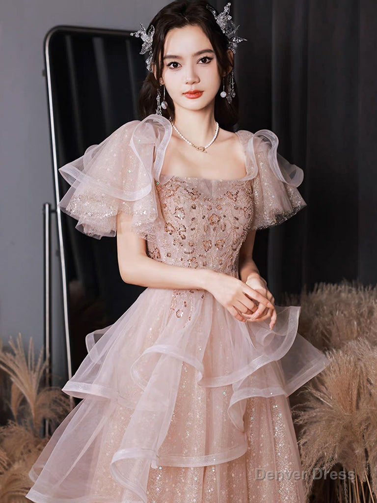 A-Line Tulle Sequin Pink Long Prom Dress, Shiny Sequin Pink Long Evening Dress Secondary image
