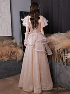 A Line Tulle Sequin Pink Long Prom Dress, Shiny Sequin Pink Long Prom Dresses