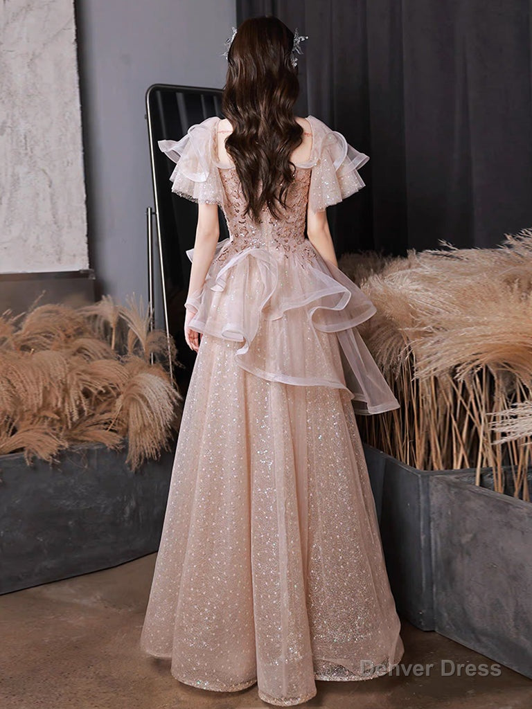 A Line Tulle Sequin Pink Long Prom Dress, Shiny Sequin Pink Long Prom Dresses