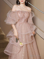 A Line Tulle Sequin Pink Long Prom Dress, Shiny Sequin Pink Long Prom Dresses