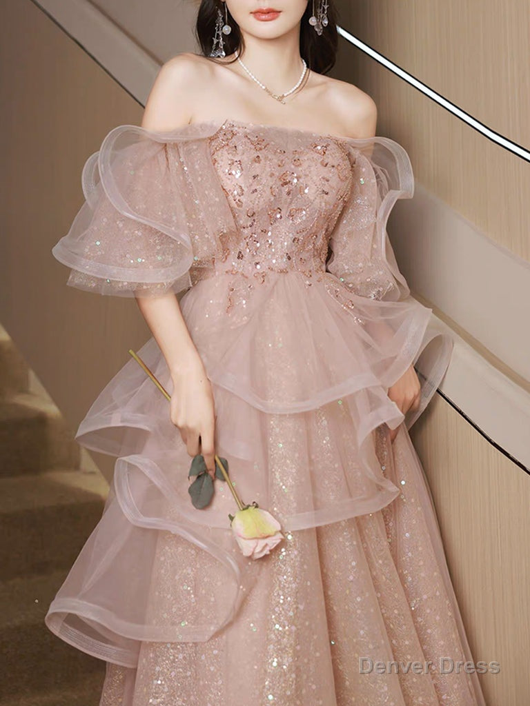 A Line Tulle Sequin Pink Long Prom Dress, Shiny Sequin Pink Long Prom Dresses