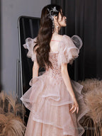 A Line Tulle Sequin Pink Long Prom Dress, Shiny Sequin Pink Long Prom Dresses
