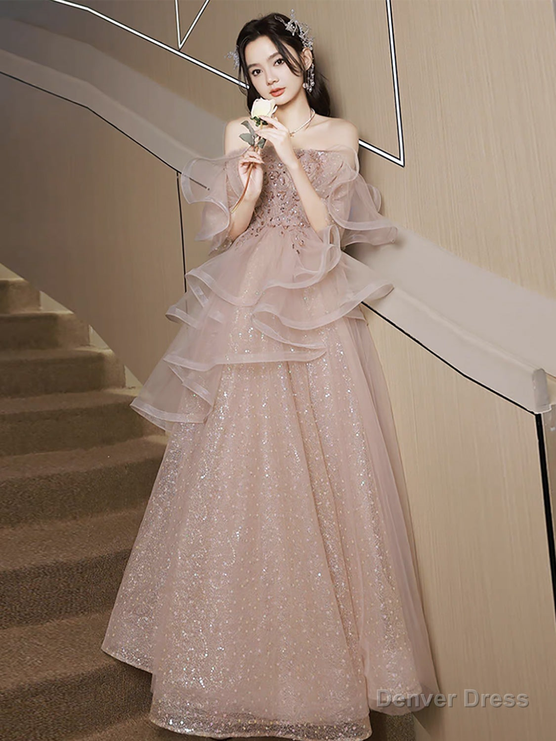 A Line Tulle Sequin Pink Long Prom Dress, Shiny Sequin Pink Long Prom Dresses Main image