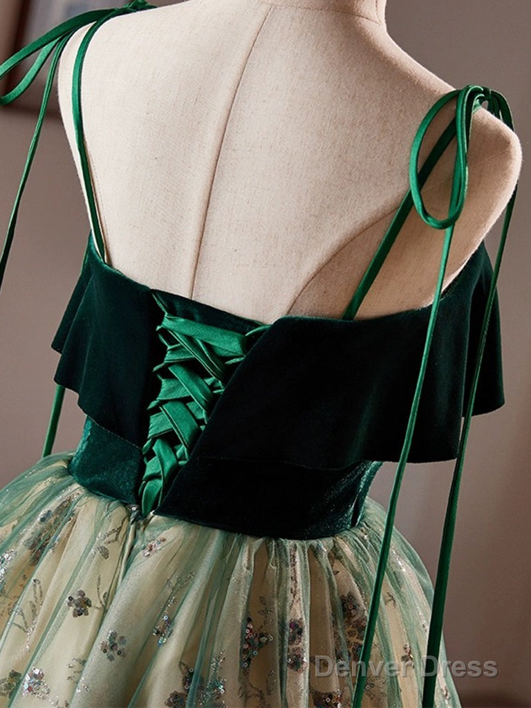 A Line Tulle Sequin Velvet Green Short Prom Dress, Green Homecoming Dresses