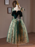 A Line Tulle Sequin Velvet Green Short Prom Dress, Green Homecoming Dresses