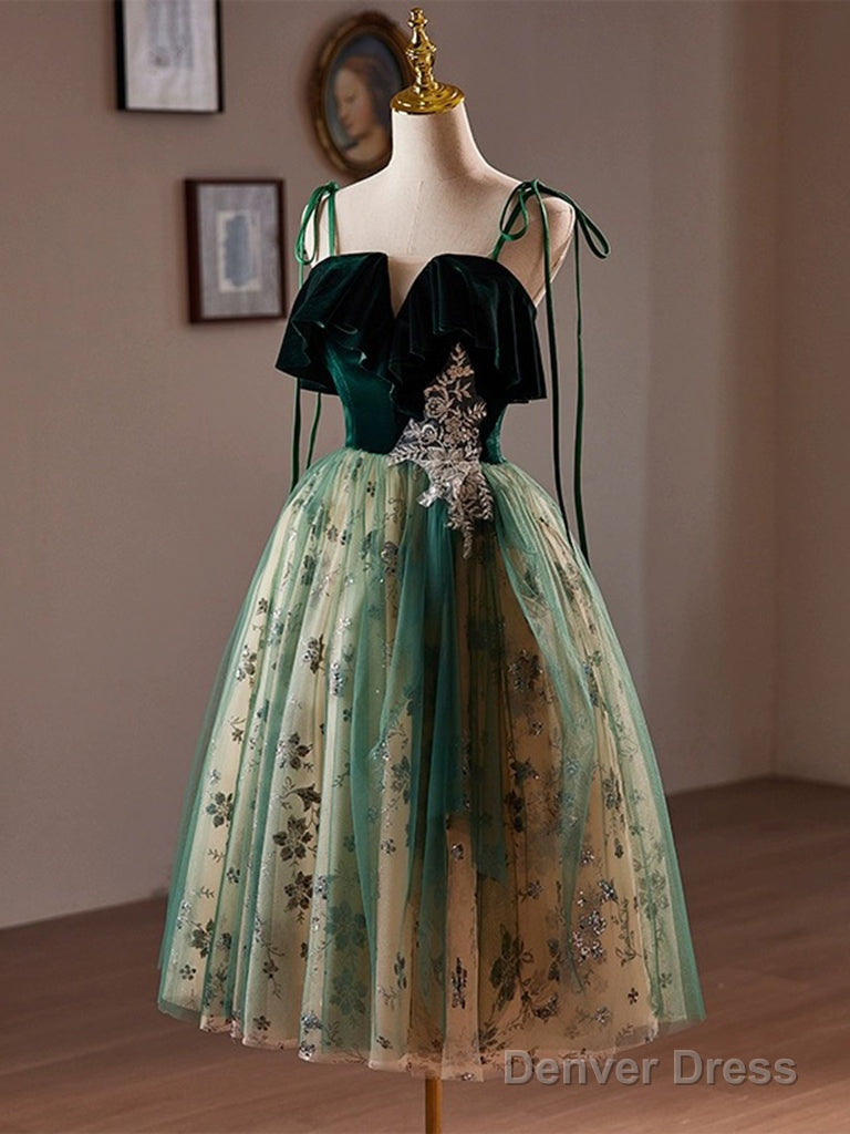 A Line Tulle Sequin Velvet Green Short Prom Dress, Green Homecoming Dresses