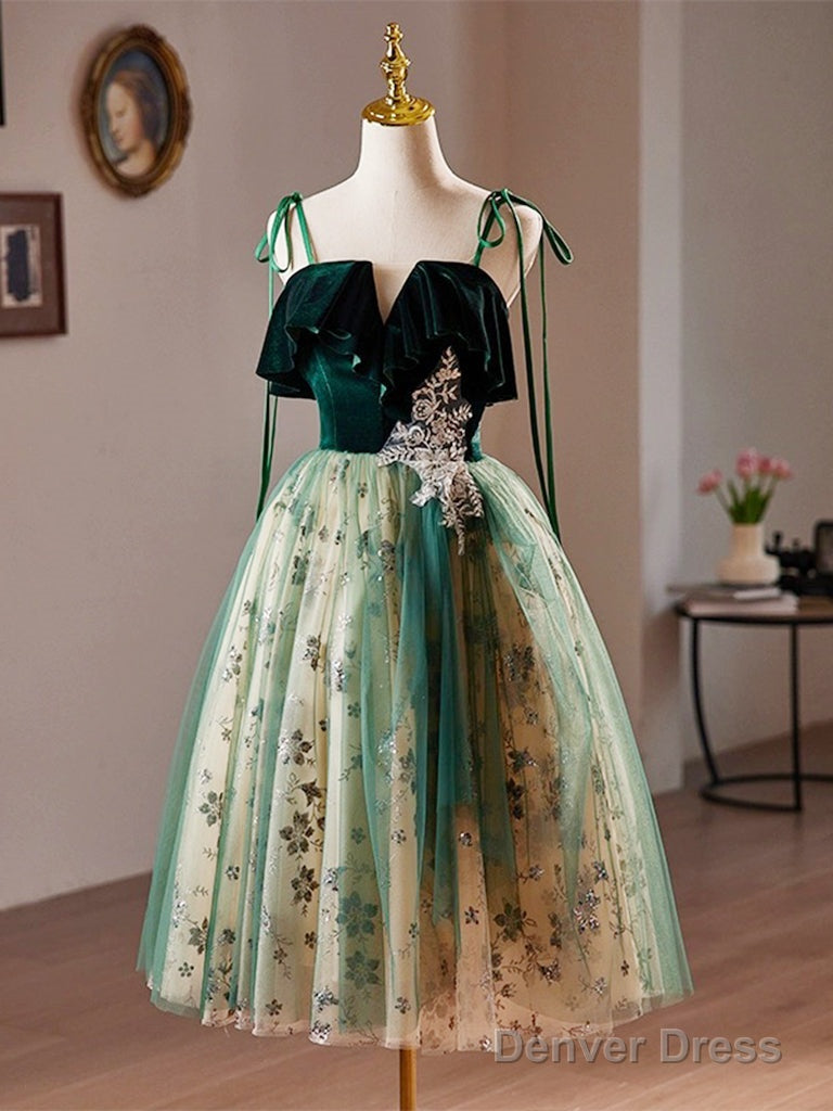A Line Tulle Sequin Velvet Green Short Prom Dress, Green Homecoming Dresses