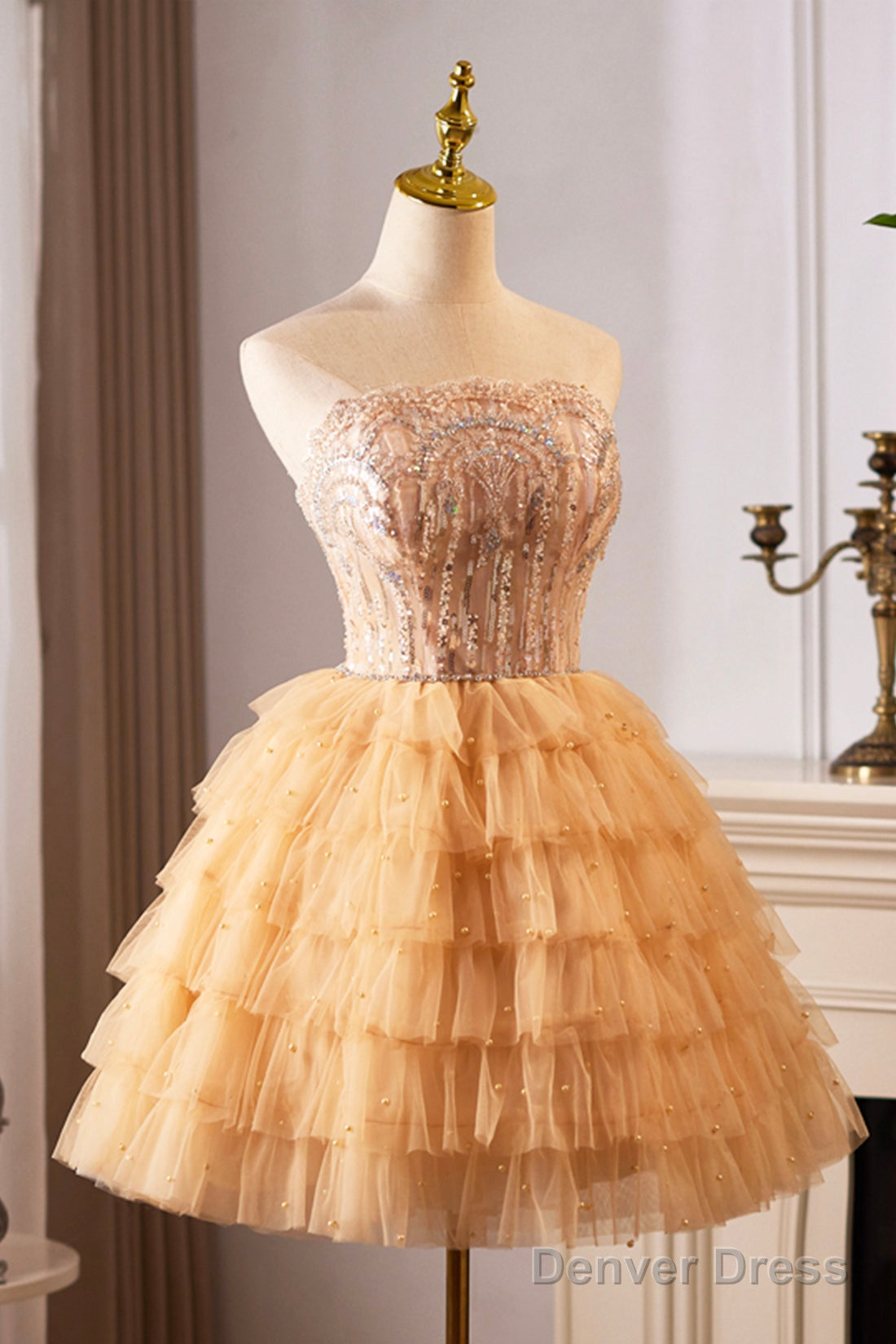 A-Line Tulle Sequins Knee Length Party Dress, Lovely Strapless Prom Evening Dress Secondary image