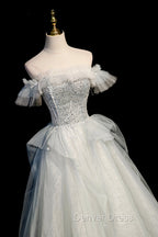 A Line Tulle Sequins Long Prom Dress, Off the Shoulder Prom Dresses