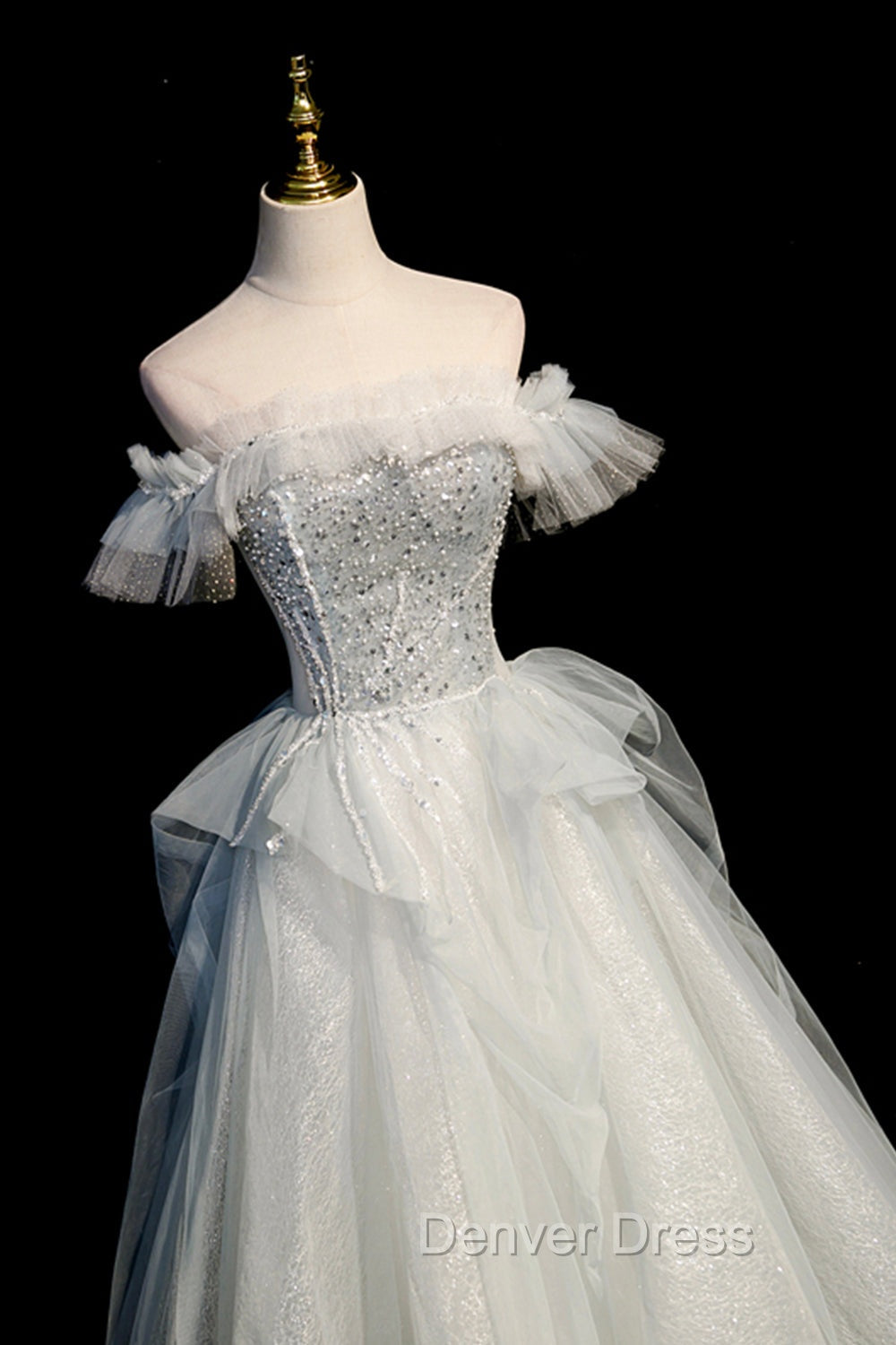 A Line Tulle Sequins Long Prom Dress, Off the Shoulder Prom Dresses