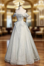 A Line Tulle Sequins Long Prom Dress, Off the Shoulder Prom Dresses