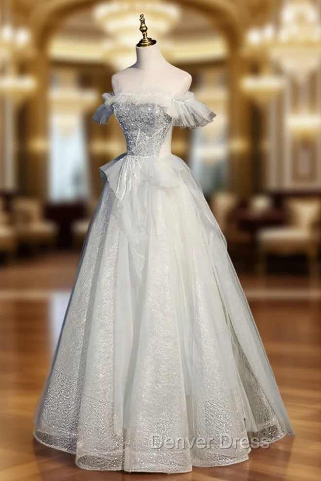A Line Tulle Sequins Long Prom Dress, Off the Shoulder Prom Dresses