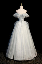 A Line Tulle Sequins Long Prom Dress, Off the Shoulder Prom Dresses