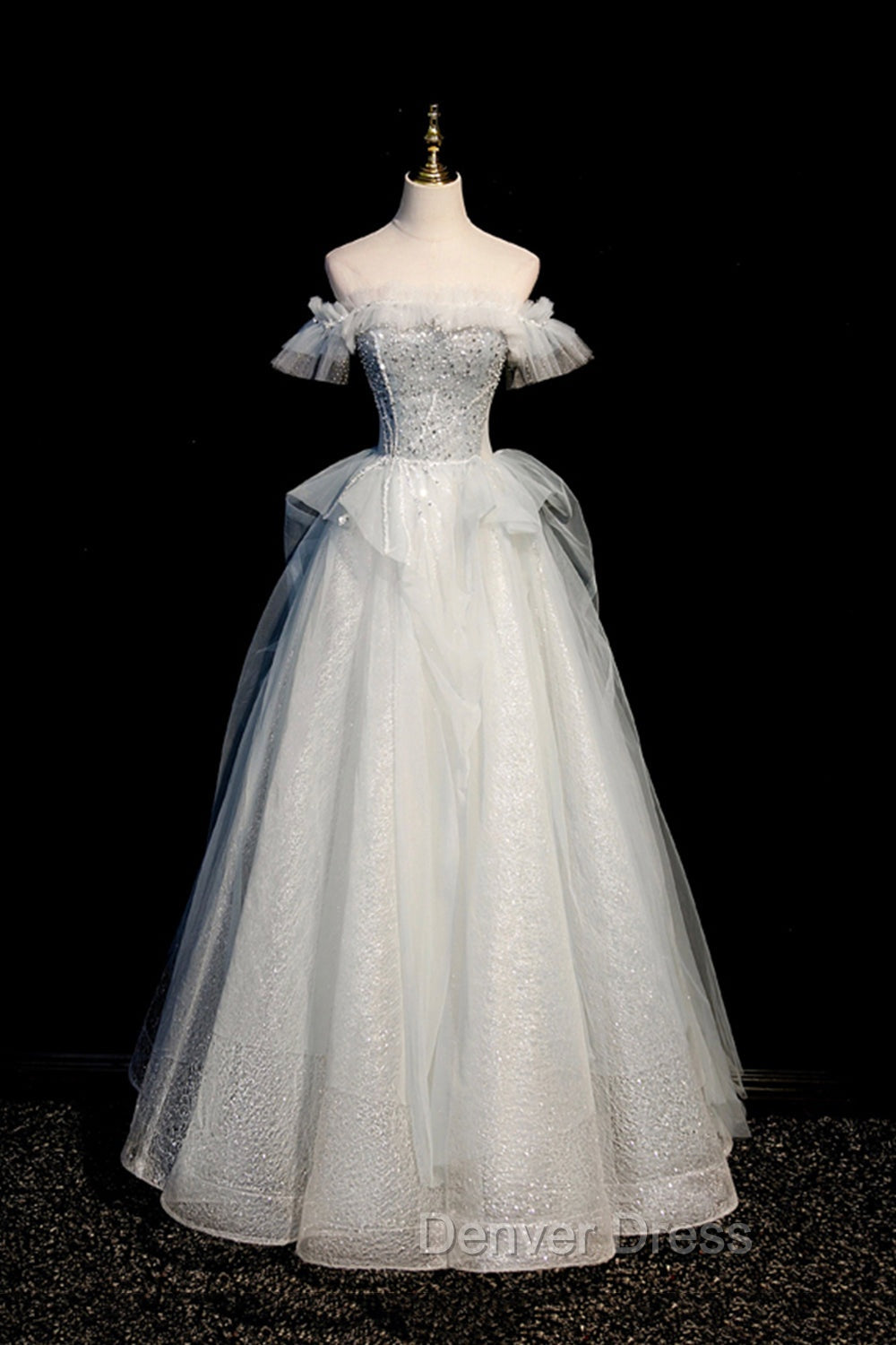 A Line Tulle Sequins Long Prom Dress, Off the Shoulder Prom Dresses