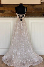 A-Line Tulle Sequins Long Prom Dresses, Spaghetti Strap Backless Evening Dresses
