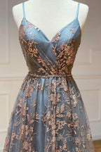 A Line Tulle Sequins Long Prom Dress, V Neck Backless Prom Dresses