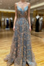 A Line Tulle Sequins Long Prom Dress, V Neck Backless Prom Dresses