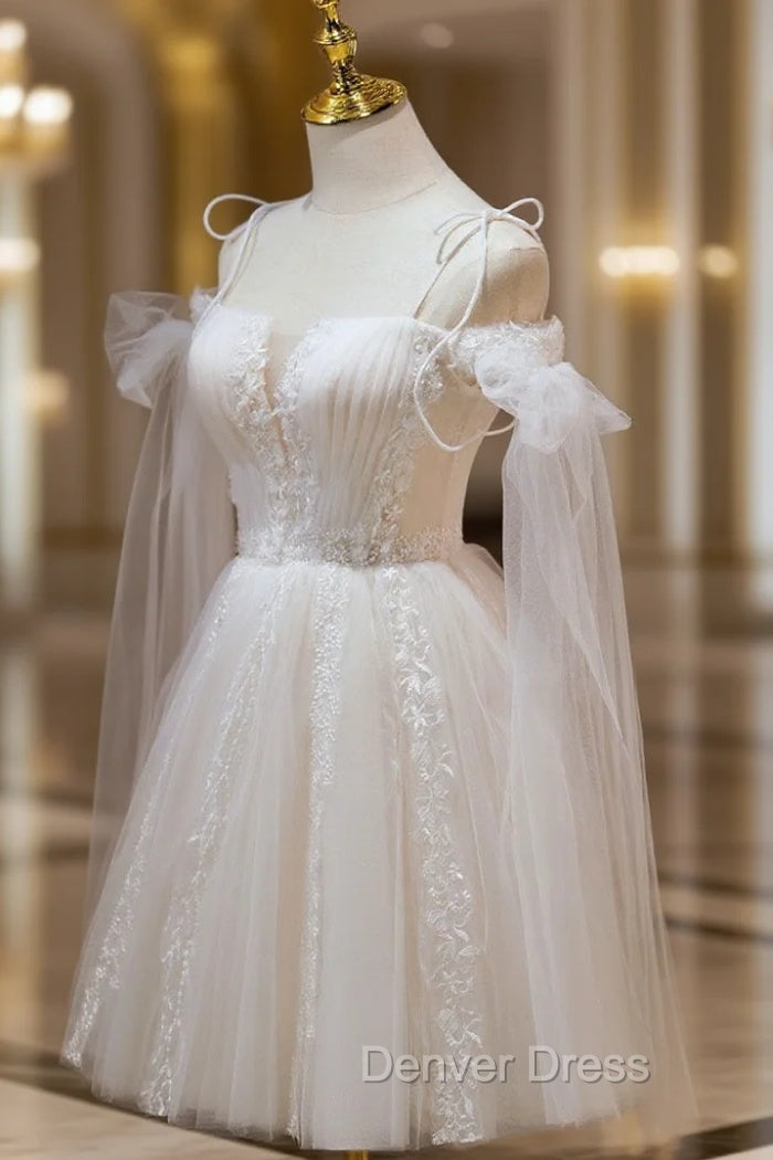 A Line Tulle Short Champagne Prom Dresses, Off Shoulder Lace Puffy Homecoming Dresses Main image