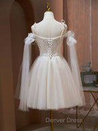 A Line Tulle Short Champagne Prom Dress, Off Shoulder Lace Puffy Homecoming Dresses