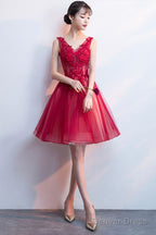 A-Line Tulle Short Prom Dress, V-Neck Lace Mini Party Dress