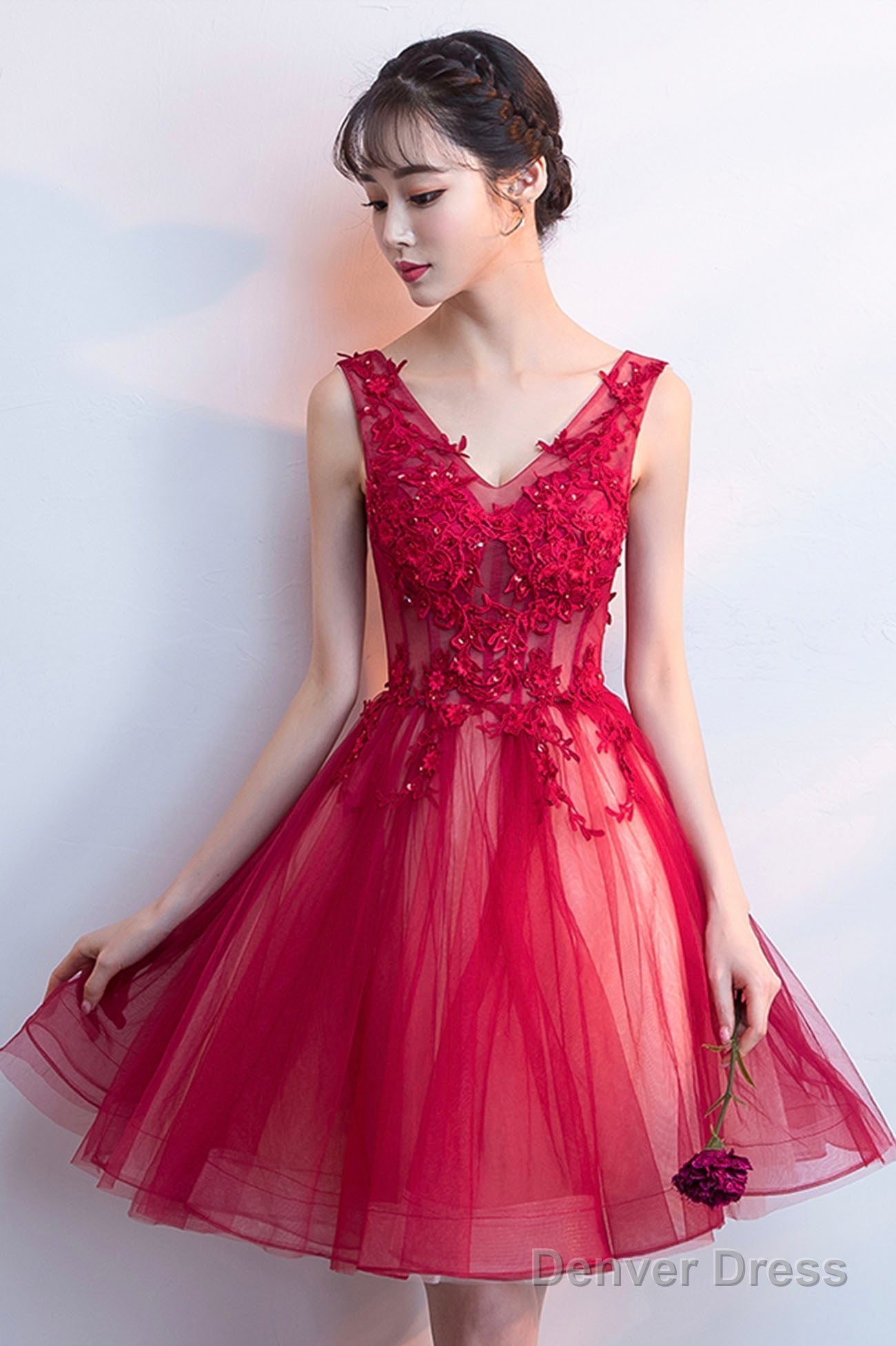 A-Line Tulle Short Prom Dress, V-Neck Lace Mini Party Dress