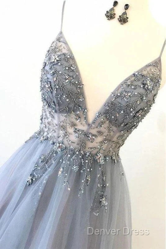 A Line Tulle Spaghetti Straps V Neck Appliques Long Prom Dresses Beautiful Secondary image
