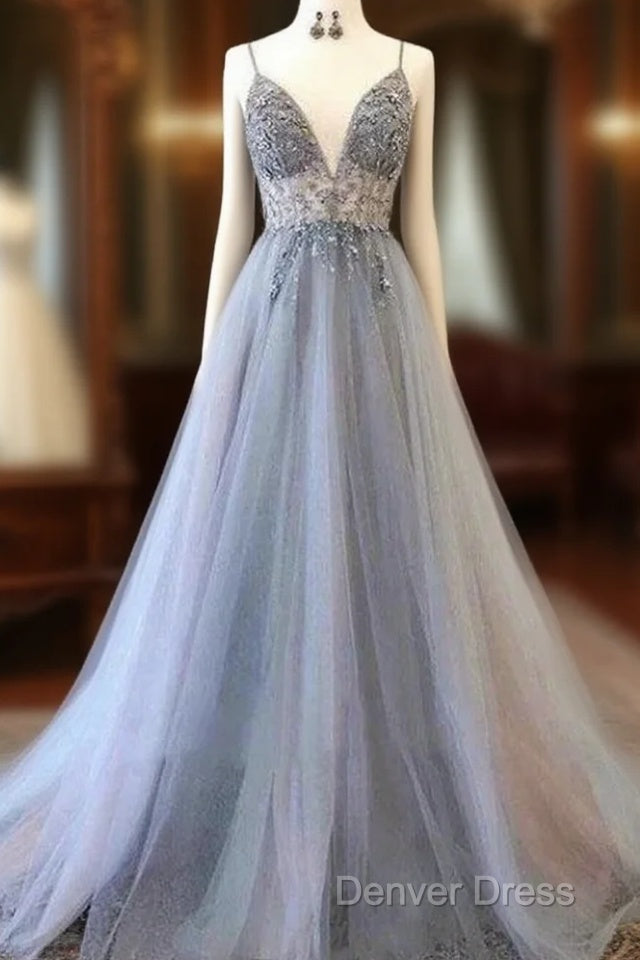 A Line Tulle Spaghetti Straps V Neck Appliques Long Prom Dresses Beautiful Main image
