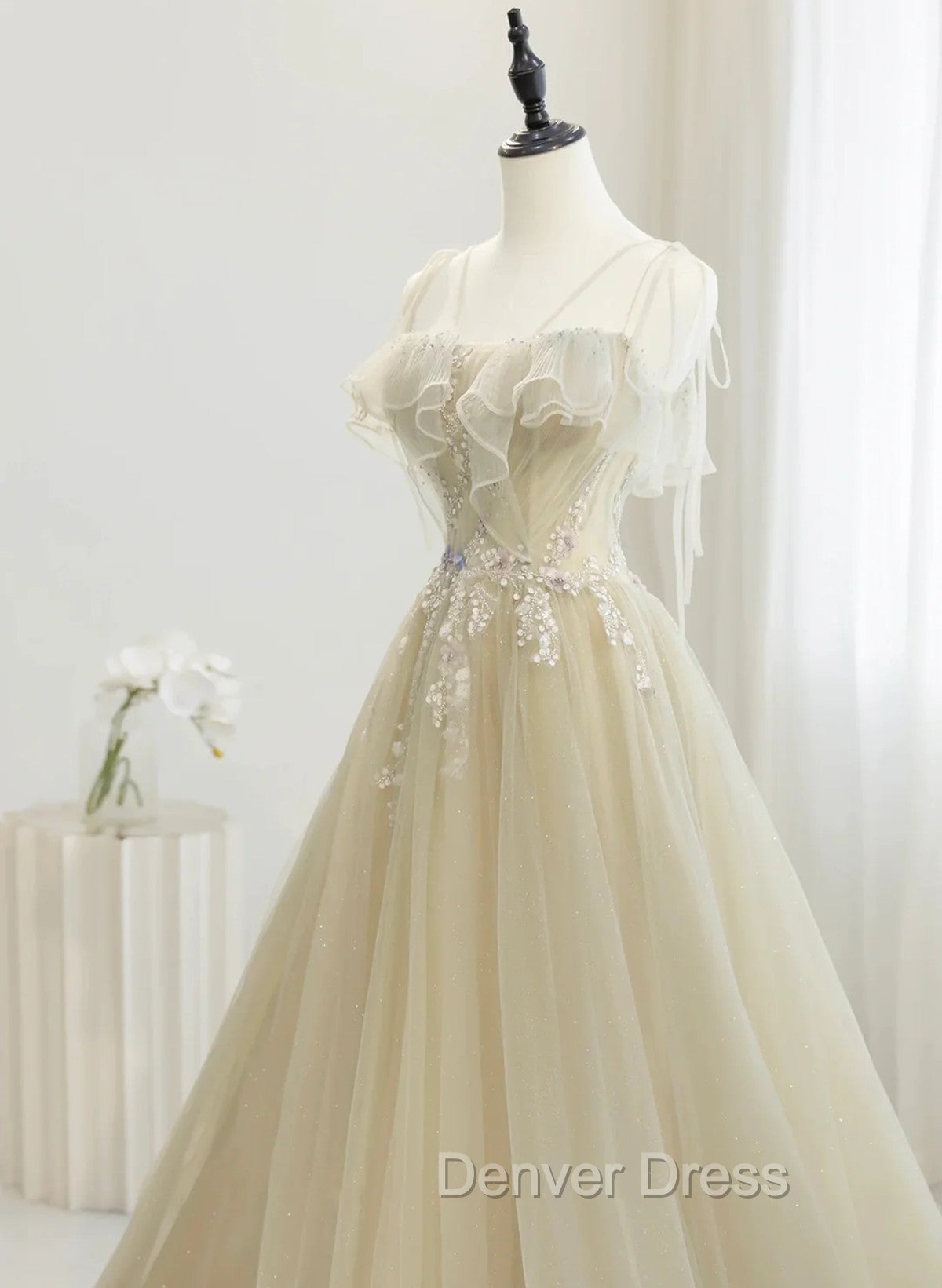 A-Line Tulle Straps Beaed Lace Long Formal Dresses, Tulle Evening Dresses Prom Dresses Secondary image