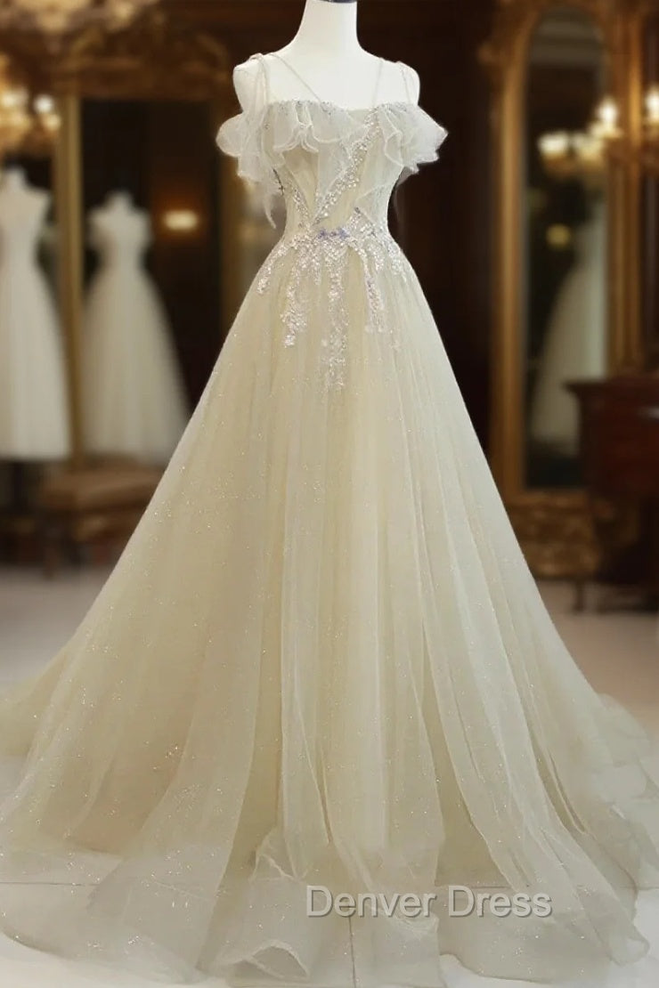 A-Line Tulle Straps Beaed Lace Long Formal Dresses, Tulle Evening Dresses Prom Dresses Main image