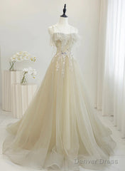 A-Line Tulle Straps Beaed Lace Long Formal Dress, Tulle Evening Dress Prom Dress