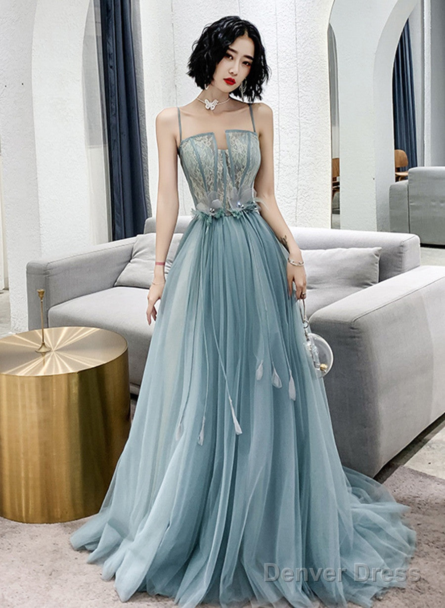 A-Line Tulle Straps Long Blue Floor Length Party Dress, Blue Evening Dress Prom Dress Main image