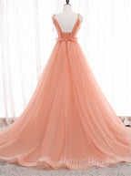 A Line Tulle Straps Low Back Long Wedding Prom Dress, Pink Tulle Long Prom Dresses